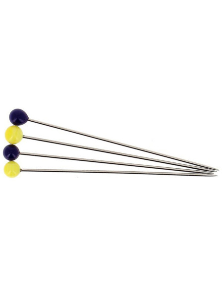 Box of 80 long super-fine pins with Murano glass heads in blue and yellow by Bohin