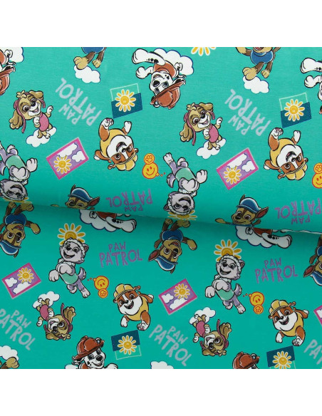 Paw Patrol jersey fabric - Sun on turquoise blue background