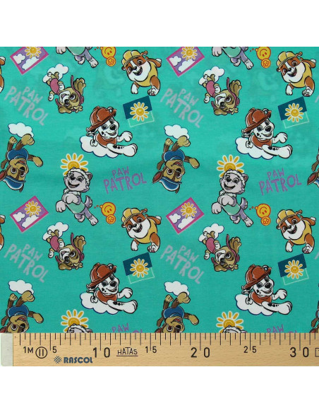 Paw Patrol jersey fabric - Sun on turquoise blue background