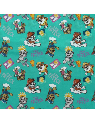 Paw Patrol jersey fabric - Sun on turquoise blue background