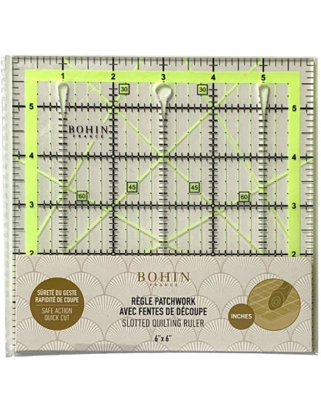 Bohin patchwork ruler with cutting slots 6 x 6 inch