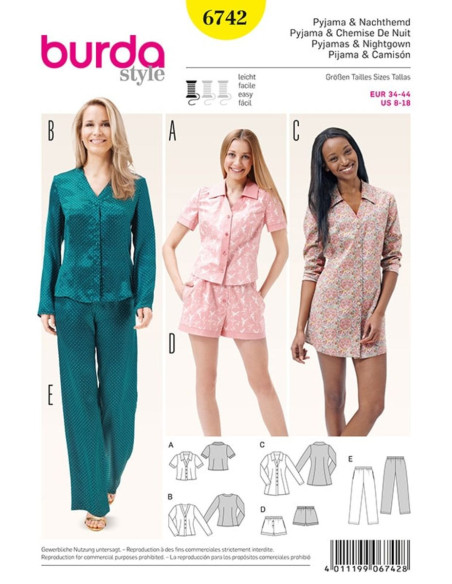 Pajama and nightgown pattern - Burda 6742