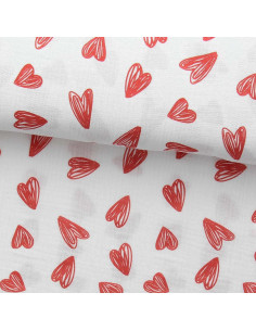 Double gauze fabric printed - Red hearts on white background