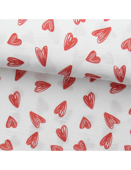 Double gauze fabric printed - Red hearts on white background