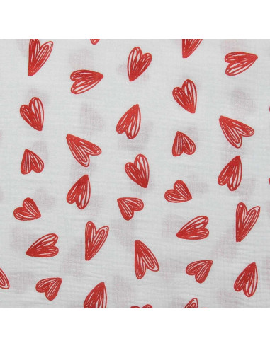 Double gauze fabric printed - Red hearts on white background