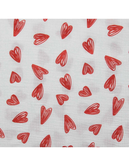 Double gauze fabric printed - Red hearts on white background