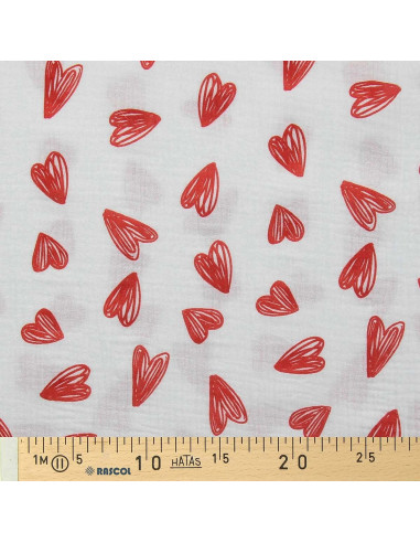 Double gauze fabric printed - Red hearts on white background