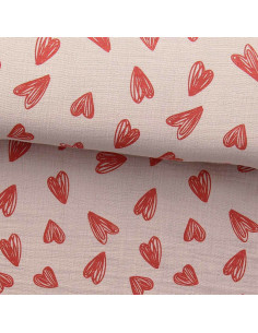 Double gauze fabric printed - Red hearts on beige background