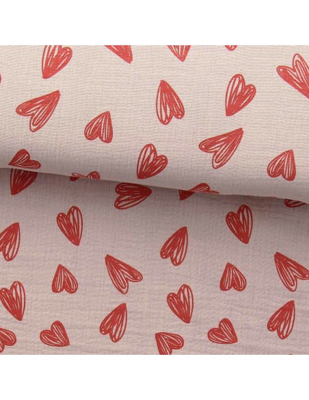 Double gauze fabric printed - Red hearts on beige background