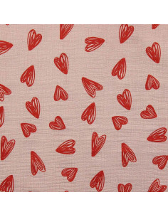 Double gauze fabric printed - Red hearts on beige background 2
