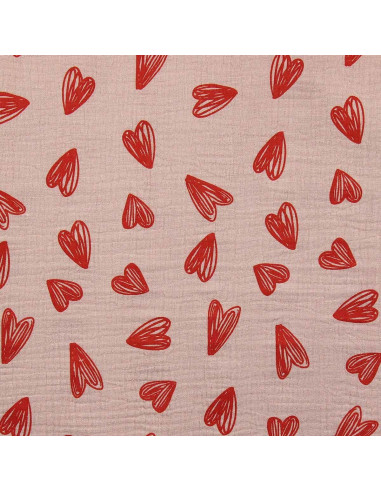 Double gauze fabric printed - Red hearts on beige background