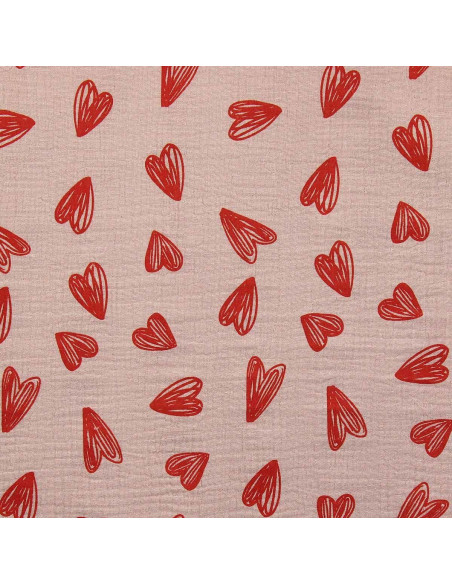 Double gauze fabric printed - Red hearts on beige background