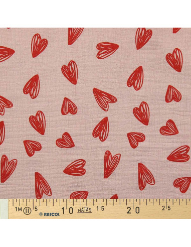 Double gauze fabric printed - Red hearts on beige background