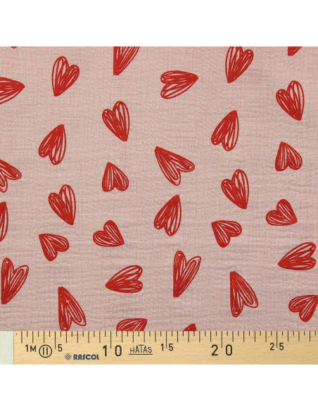Double gauze fabric printed - Red hearts on beige background