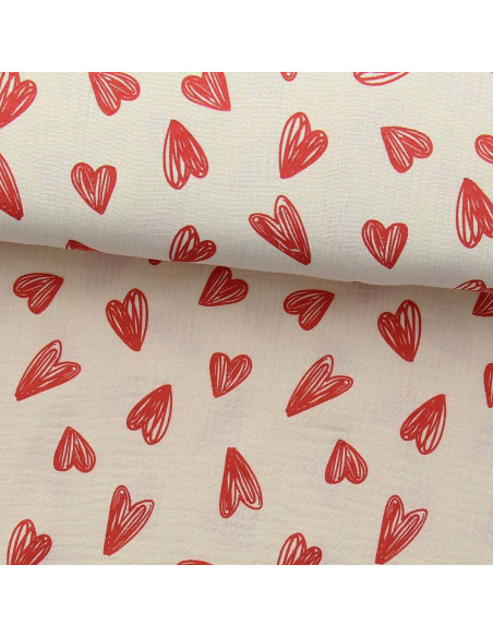 Double gauze fabric printed - Red hearts on an ecru background
