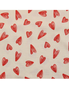 Double gauze fabric printed - Red hearts on an ecru background 2