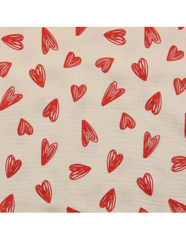 Double gauze fabric printed - Red hearts on an ecru background