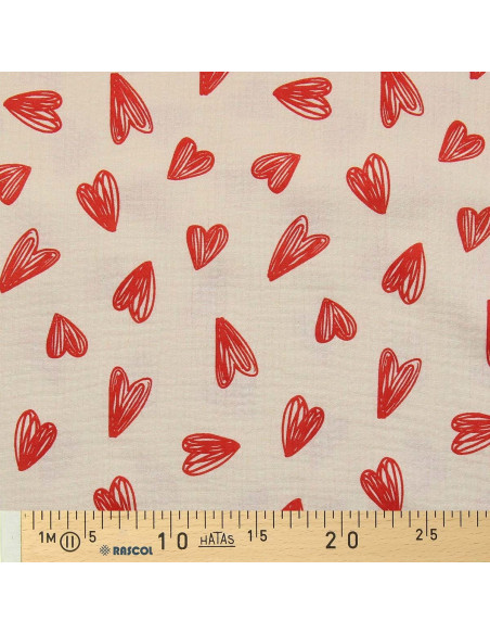 Double gauze fabric printed - Red hearts on an ecru background
