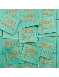 Set of 5 woven sew-on labels Hello Beauty - Turquoise