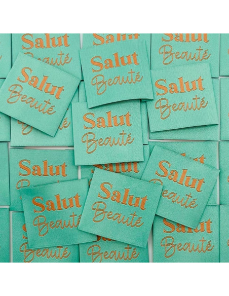 Set of 5 woven sew-on labels Hello Beauty - Turquoise