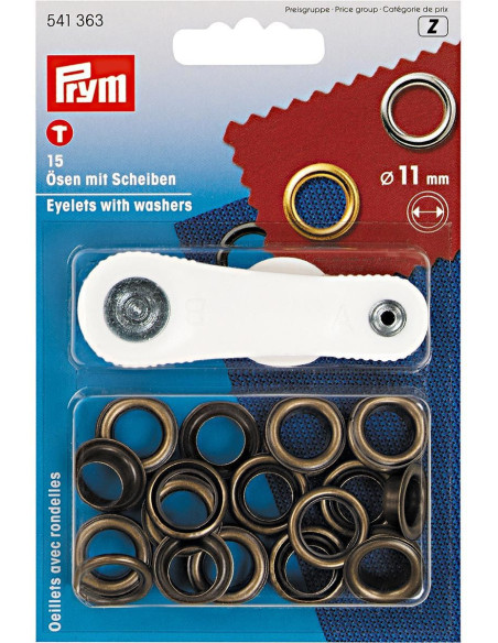 Box of 15 eyelets 11 mm with setting tool - Antique brass