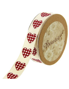 Burgundy gingham hearts cotton ribbon - 15 mm x 5 m