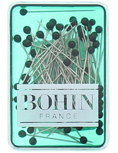 Box of 80 extra-fine pins with black glass heads by Bohin