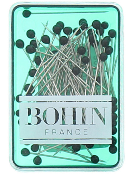 Box of 80 extra-fine pins with black glass heads by Bohin