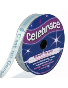 Celebrate white satin ribbon with blue print "it's a boy" - 10 mm x 4 meters
