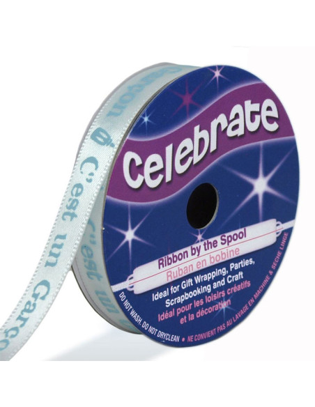 Celebrate white satin ribbon with blue print "it's a boy" - 10 mm x 4 meters