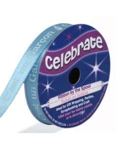 Celebrate blue satin ribbon with white print "it's a boy" - 10 mm x 4 meters