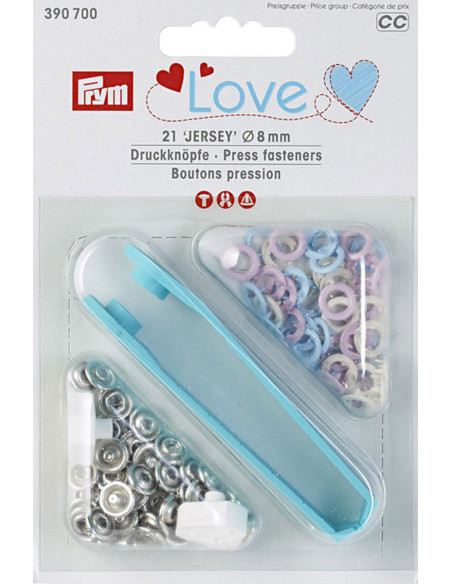 Box of 21 jersey snap buttons in pink, blue, and ecru with 8 mm tool