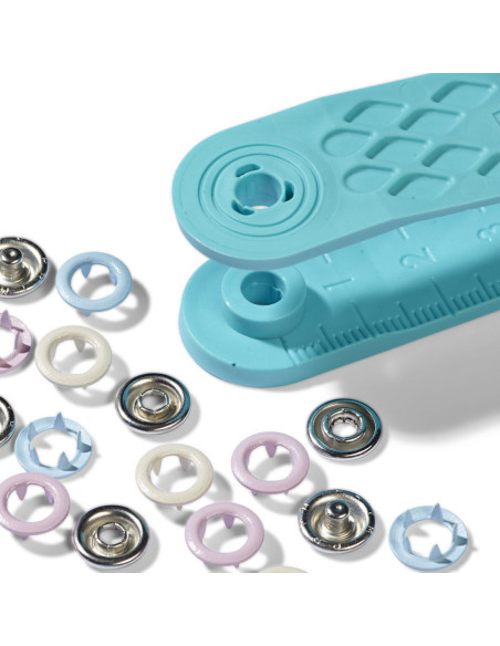 Box of 21 jersey snap buttons in pink, blue, and ecru with 8 mm tool