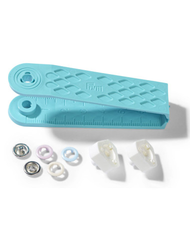 Box of 21 jersey snap buttons in pink, blue, and ecru with 8 mm tool