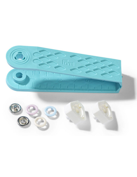 Box of 21 jersey snap buttons in pink, blue, and ecru with 8 mm tool