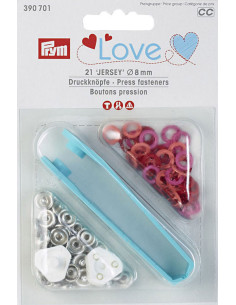 Box of 21 red, coral, and fuchsia jersey snap buttons with 8 mm tool