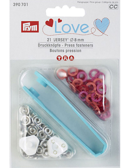 Box of 21 red, coral, and fuchsia jersey snap buttons with 8 mm tool