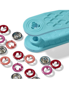 Box of 21 red, coral, and fuchsia jersey snap buttons with 8 mm tool 2