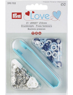 Box of 21 white, sky blue, and navy jersey snap buttons with 8 mm tool