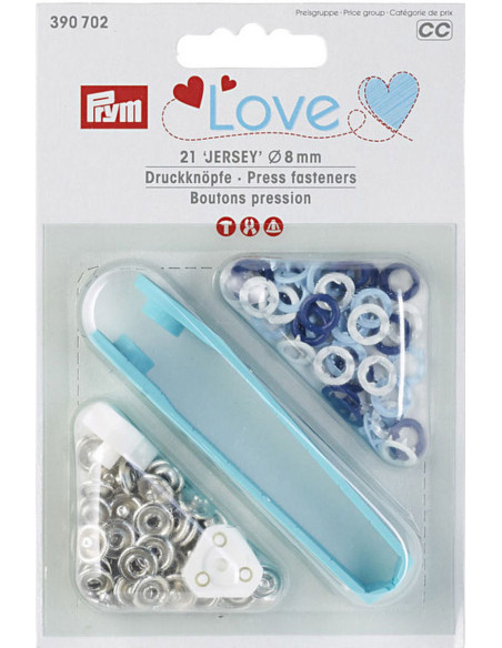 Box of 21 white, sky blue, and navy jersey snap buttons with 8 mm tool