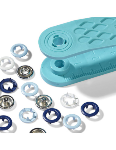 Box of 21 white, sky blue, and navy jersey snap buttons with 8 mm tool