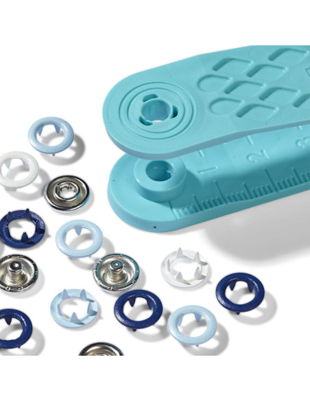 Box of 21 white, sky blue, and navy jersey snap buttons with 8 mm tool