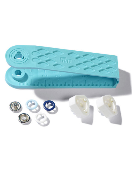 Box of 21 white, sky blue, and navy jersey snap buttons with 8 mm tool