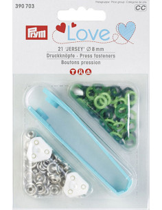 Box of 21 assorted green jersey snap buttons with 8 mm tool