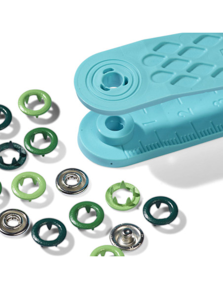 Box of 21 assorted green jersey snap buttons with 8 mm tool