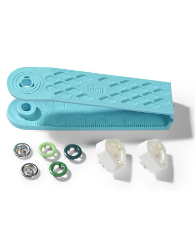 Box of 21 assorted green jersey snap buttons with 8 mm tool