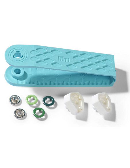 Box of 21 assorted green jersey snap buttons with 8 mm tool
