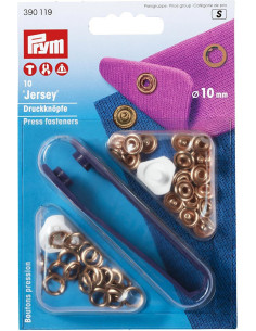 Box of 10 copper jersey snap buttons with 10 mm tool