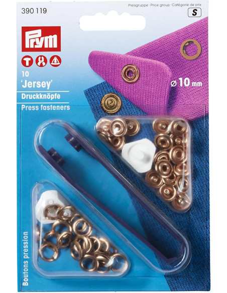 Box of 10 copper jersey snap buttons with 10 mm tool