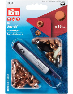 Box of 10 copper anorak snap buttons with 15 mm tool